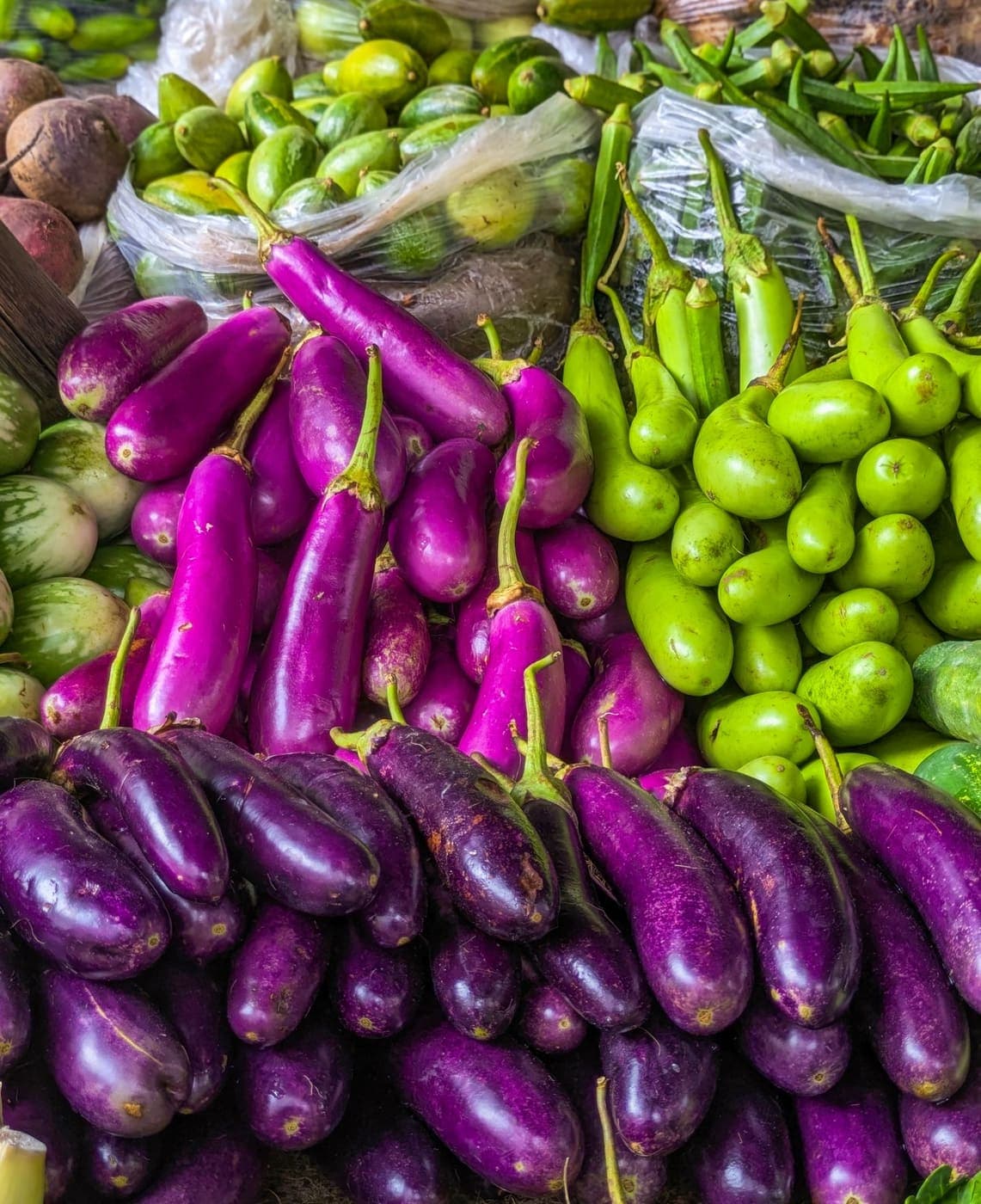 Purple brinjals and green peppers at a vegetable stall
