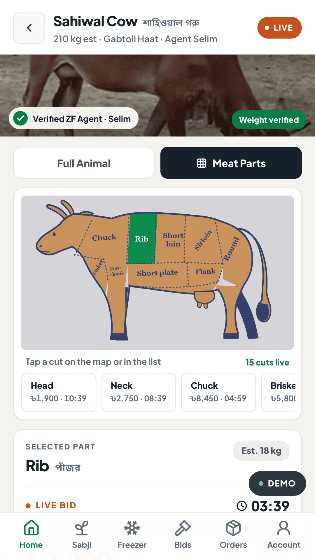 Screenshot (detail) of the ZF BidMart preview app: the cow meat map with the rib cut selected, the row of cuts with their own bids and clocks, the selected cut’s live bid and the app’s tab bar.