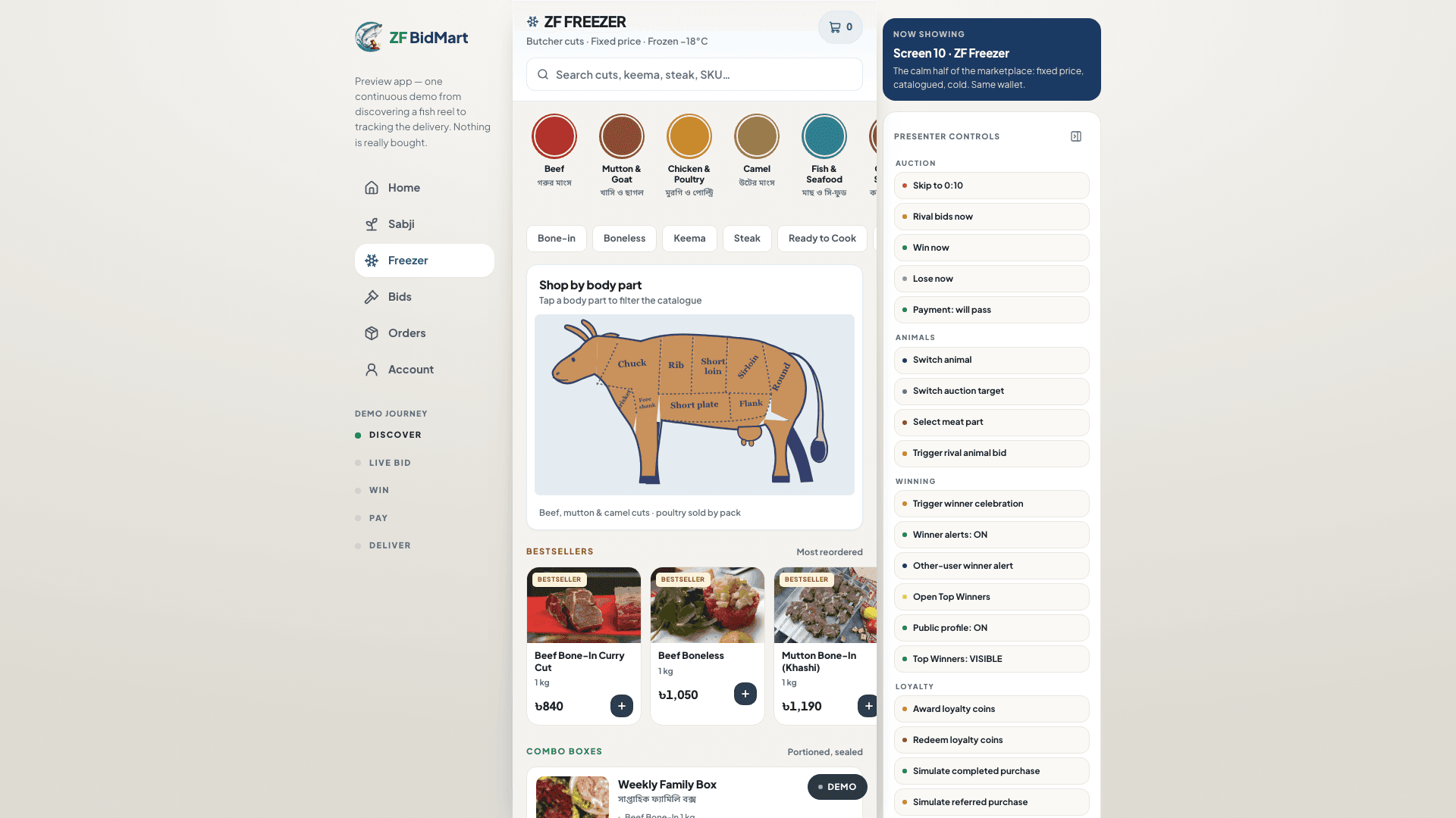 Screenshot of the ZF BidMart preview app: the ZF Freezer storefront with categories, the shop-by-body-part map and bestsellers.